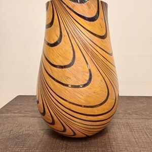 Hand Blown Studio Art Glass Vase – Amber Iridescent Swirl – Vintage